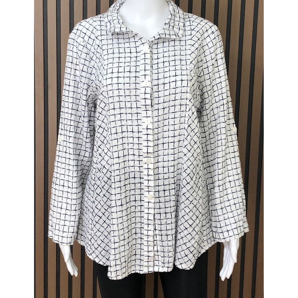 Trisha Tyler Women's Long Sleeve Shirt Grid Check White Navy L Button Up Artsy‎